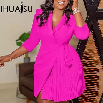 IHUASU Рукав 3/4, женское модное платье больших размеров с воротником модного ремня на талии, компрессионное платье с отложным воротником S белый