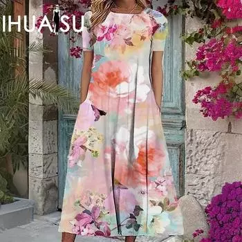 IHUASU с цветочным принтом больших размеров, женское весенне-летнее платье с цветочным принтом и короткими рукавами, круглым вырезом и средней талией