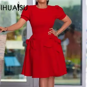 IHUASU с круглым вырезом размера плюс, летнее модное темпераментное элегантное однотонное платье с короткими рукавами и высокой талией S