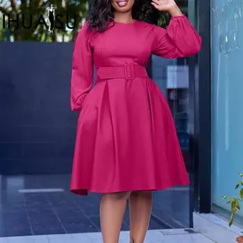 IHUASU с поясом, женское осенне-зимнее платье с круглым вырезом и длинными рукавами, элегантное темпераментное свободное платье с круглым вырезом S