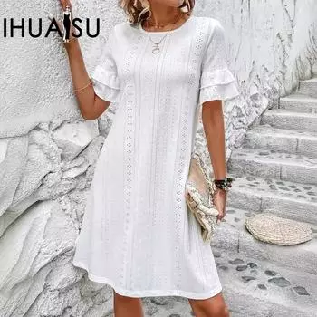 IHUASU Сетчатое однотонное платье Элегантные многослойные платья с круглым вырезом и оборками на весну и лето S белый