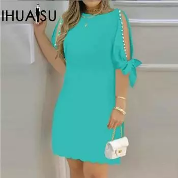 IHUASU сексуальное платье с вырезом и открытыми плечами, расшитое бисером, с рукавами, платье с круглым вырезом