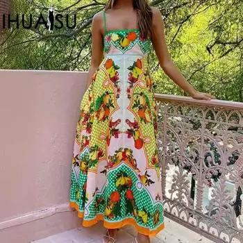 IHUASU сексуальное женское хлопковое льняное платье без рукавов с принтом через шею S