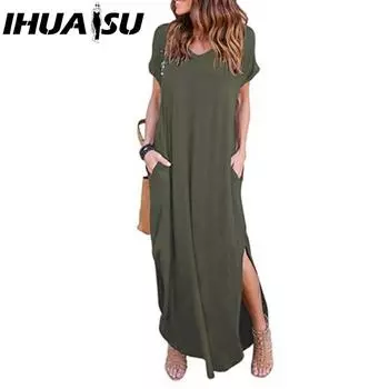 IHUASU Сексуальное женское платье размера плюс 5XL, летнее однотонное повседневное платье макси с коротким рукавом для женщин, длинное платье, женские платья S белый