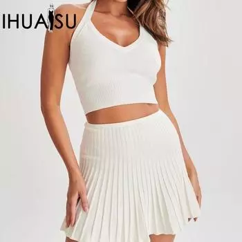 IHUASU Сексуальные женские комплекты Spice, комплект из двух предметов на весну и лето с открытой спиной и высокой талией, с плиссированной юбкой S белый