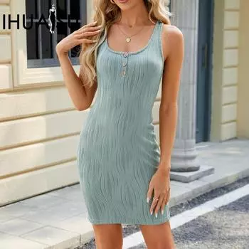 IHUASU сезон: весна–лето однотонное тонкое женское платье с квадратным воротником и пуговицами без рукавов S чёрный