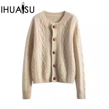 IHUASU Шерстяной кардиган, куртка, женский осенне-зимний утолщенный кашемировый свитер, короткий свободный вязаный свитер, свитер S белый