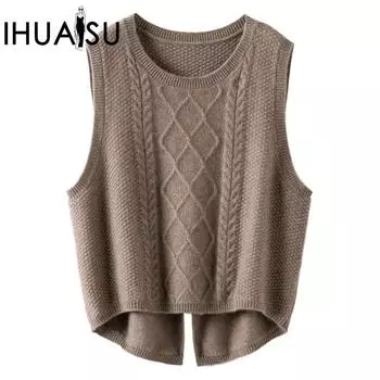 IHUASU Шерстяной жилет женский осенне-зимний комплект из кашемира, свободный, короткий, открытый, однотонный, трикотажный джемпер M темно-серого