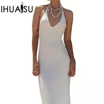 IHUASU Платья-халтер в стиле Spice Style, женское сексуальное трикотажное платье с открытой спиной и бретельками, длинное платье S белый