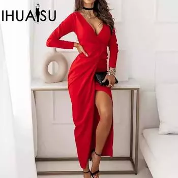 IHUASU сплошное цветное платье с длинным рукавом и глубоким V-образным вырезом вечернее платье S зелёный