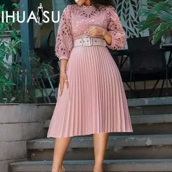 IHUASU сплошной цвет принт летняя полуводолазка с рукавами 3/4 плюс размер кружево крючок цветок сексуальное полое плиссированное платье с высокой талией S белый