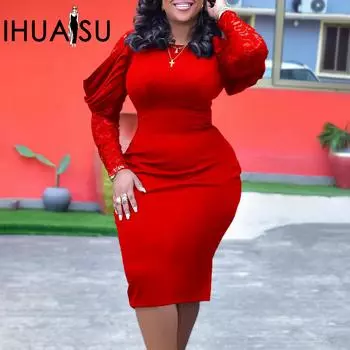 IHUASU сплошной цвет принт женское весенне-осеннее платье с круглым вырезом и длинными рукавами модное темпераментное кружевное лоскутное тонкое сексуальное платье OL S чёрный