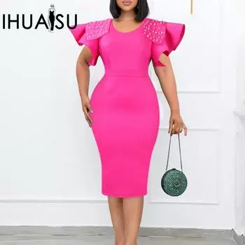 Платье IHUASU с принтом в однотонном цвете, лето-весна, средняя талия, О-образный вырез, большие размеры, женские рукава-лотосы, разрез, бисерная сумка на ягодицах, платье OL S бордовый