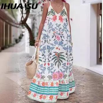 IHUASU Spring Summer Halter Print Holiday Loose Plus Size Dress for Women S