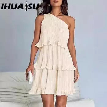 IHUASU Spring Summer Women s Dress Diagonal Shoulder Layered Stitching Hem Solid Color Dress Women S чёрный