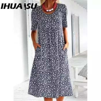 IHUASU Summer Spring Holiday Style O-Neck Short Sleeve Floral Mid-length Dress S жёлтый