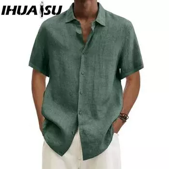 IHUASU Summer V-neck Button Cotton Linen Solid Color Men s Fashionable Shirt Shirt Men S белый