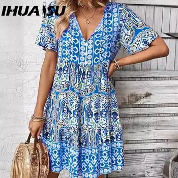 IHUASU Summer V-neck Dress Fashion Loose Bohemian Print Skirt S синий