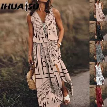 IHUASU Summer Women Dress Long Sleeveless Casual Ladies Dress Zipper Letter Print Waist S белый