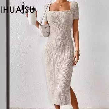 IHUASU Летняя женская мода квадратный вырез сексуальный тонкий разрез пакет бедра платье женщины S светло-серый