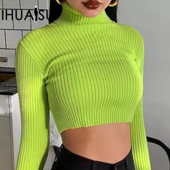 IHUASU Sweater Women s O-Neck Long Sleeve Solid Colour Sexy Short Revealing Inner Knit Top S зелёный