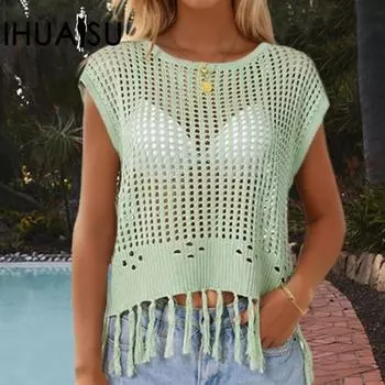 IHUASU Свободный женский трикотаж ручной работы с бахромой на летние каникулы и вырезом под горло