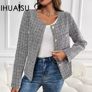 IHUASU Топы осень и зима маленький дизайн аромата пальто клетчатый кардиган S чёрный