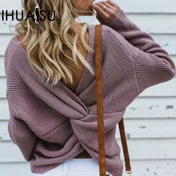 IHUASU трикотаж женский длинный рукав свитер с крестообразной спинкой свитер без застежки S розовый