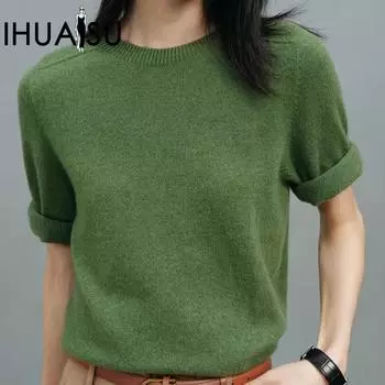 IHUASU Трикотажная футболка с короткими рукавами, женский кашемировый пуловер на весну и лето, универсальный модный джемпер, рубашка для поездок на работу S зелёный