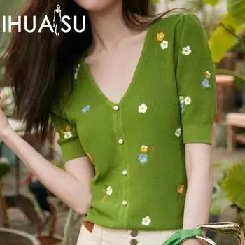 IHUASU V-образный вырез, трикотаж, короткие рукава, женская летняя модная вышивка, длинные рукава, короткий рукав, нижняя часть футболки S зелёный