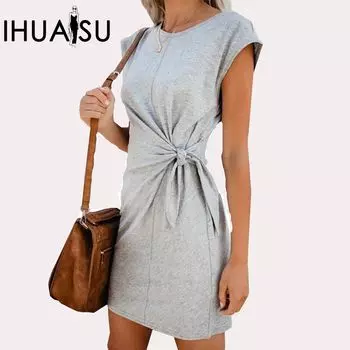 IHUASU трикотажное сплошное платье с круглым вырезом и шнуровкой, тонкое платье-юбка с короткими рукавами