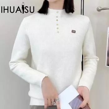 IHUASU Утолщенный цельный бархатный джемпер на пуговицах для женщин, осенне-зимняя теплая трикотажная рубашка с полувысоким воротом и сотней верхних частей M белый