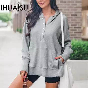 IHUASU V-образный вырез однотонный женский повседневный свитшот Hundred Hooded Sweatshirt Top S светло-серый