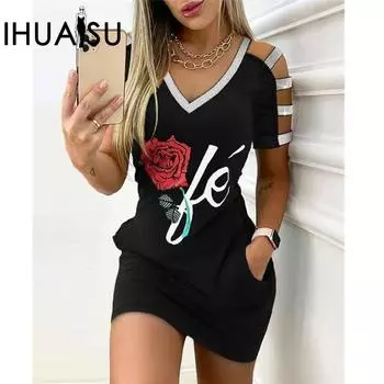 IHUASU Весенне-летнее облегающее платье с v-образным вырезом и запахом на бедрах S чёрный