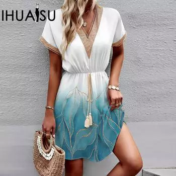 IHUASU Весенне-летнее свободное платье с короткими рукавами и v-образным вырезом на талии с принтом S