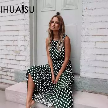 IHUASU Весна и Лето Модные Универсальные Женские Платья С Круглым Вырезом В Горошек Длинные S жёлтый