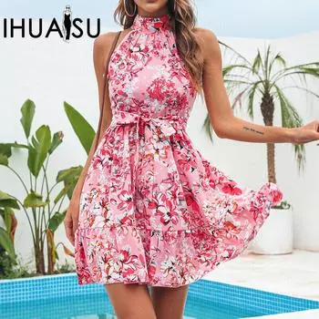 IHUASU Весенне-летние платья на шнуровке с цветочным принтом и оборками S розовый