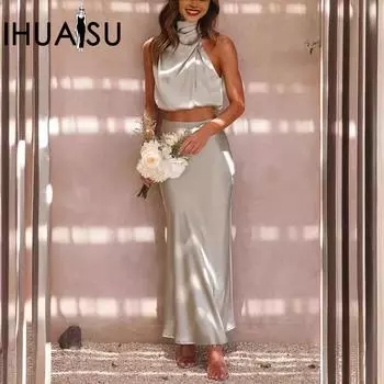 IHUASU Весенне-летний атласный многоцветный облегающий повседневный костюм-двойка S чёрный