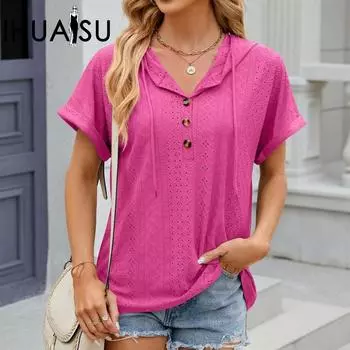 IHUASU Весенне-летний однотонный свободный женский топ на пуговицах с капюшоном и короткими рукавами