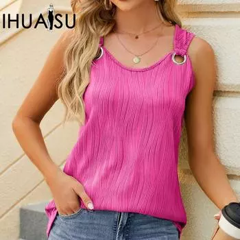 IHUASU Весенне-летний однотонный жилет без рукавов с круглым вырезом и металлическим кольцом, свободный топ S чёрный