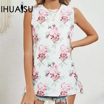 IHUASU Весенне-летняя футболка с круглым вырезом и принтом, женский топ S чёрный