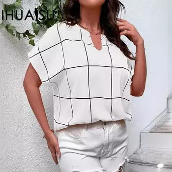 IHUASU Весенне-летняя футболка с принтом в клетку, рубашка с короткими рукавами, женский топ с короткими воротниками и рукавами «летучая мышь» XL белый