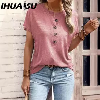 IHUASU Весенне-летняя женская блузка, однотонная, с застежкой-кнопкой, модная футболка с короткими рукавами для женщин S чёрный