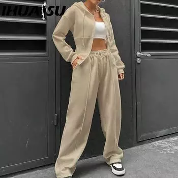 IHUASU Весенне-осенний трендовый кардиган с капюшоном, облегающий повседневный костюм из двух частей для женщин S хаки