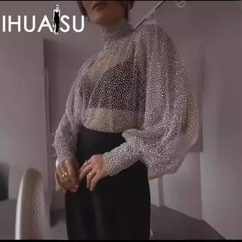 IHUASU Весенне-осенняя водолазка с сетчатым пуловером с пайетками и длинными рукавами S чёрный