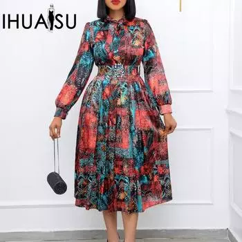 IHUASU Весеннее вечернее платье больших размеров с длинными рукавами и высокой талией с принтом