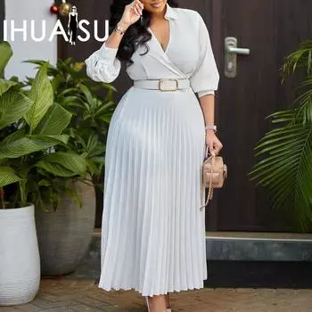 IHUASU Весеннее женское однотонное платье с v-образным вырезом и рукавами 3/4 с высокой талией больших размеров S