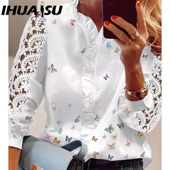 IHUASU Весенний элегантный стиль Цветочный Яо с длинным рукавом и воротником-лотосом, обычная женская рубашка, женский стиль S белый
