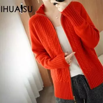 IHUASU Весенний кардиган женский на молнии свободный универсальный повседневный модный витой цветок воротник-стойка джемпер пальто S розовый