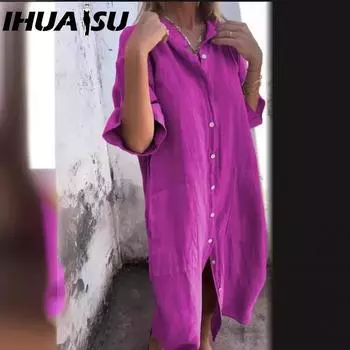 IHUASU Весна и лето Свободное повседневное платье-рубашка из хлопка и льна с рукавами для женщин S серый